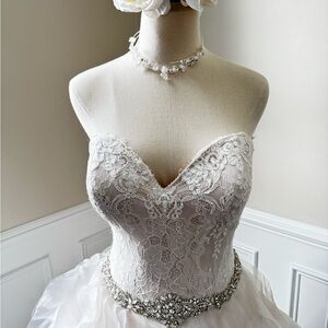 Allure Bridals Ivory Lace Strapless Sweetheart Gown with Beaded Belt.
